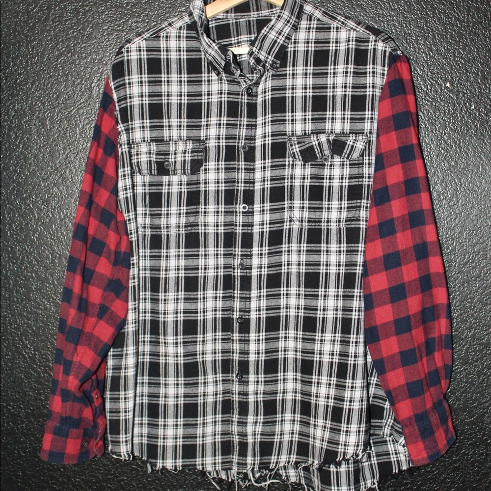 hand stitched dual-patterned distressed flannel